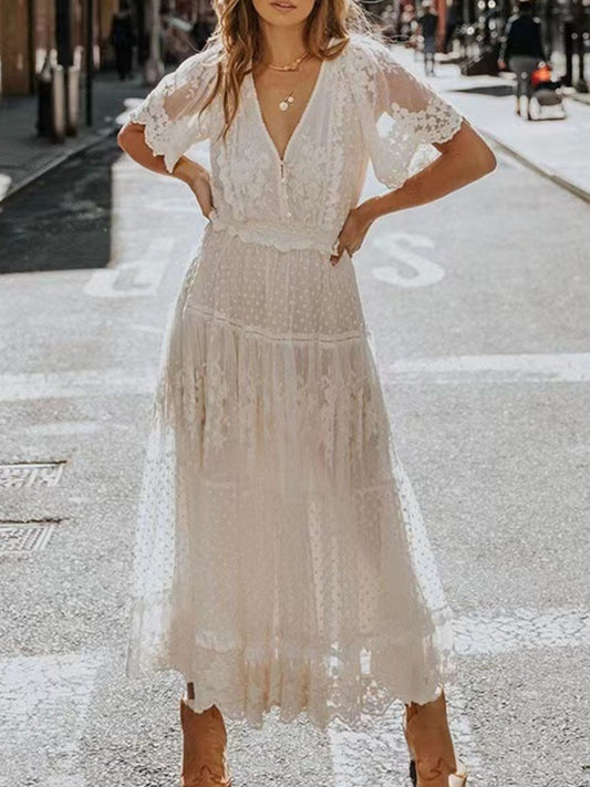 Full Size Lace Bohemian Short Sleeve Maxi Dress Plus Size White