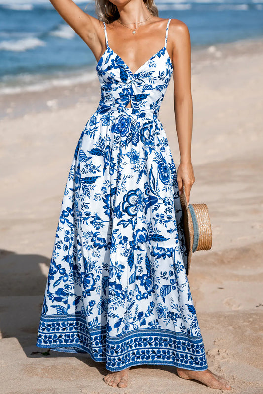 Sky Blue Twisted Bust Spaghetti Straps Backless Floral Maxi Dress Sky Blue 100%Polyester