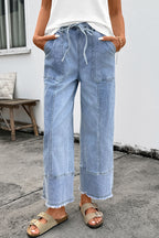 Beau Blue Drawstring Seam Detail Raw Hem Wide Leg Denim Pants Beau Blue 75%Cotton+23%Polyester+2%Elastane