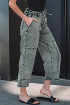 Smoke Gray Acid Wash Tie Waist Denim Pants