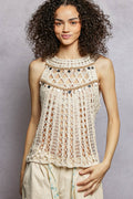 POL Halter Neck Sleeveless Crochet Top with Seashell & Mirror Dangle Trim NATURAL One Size