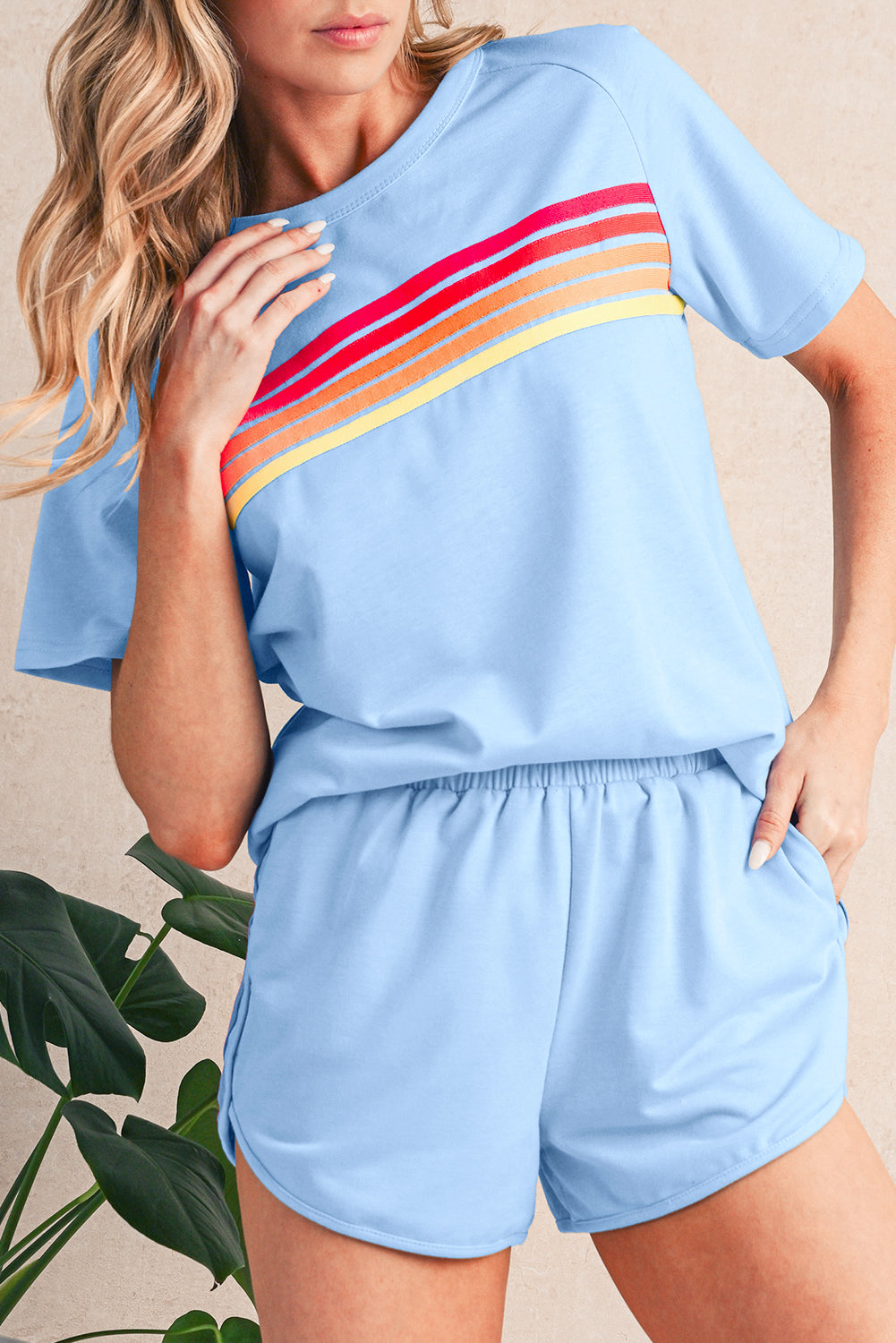 Bonbon Colorful Striped Casual Tee Beau Blue 85%Polyester+10%Cotton+5%Elastane