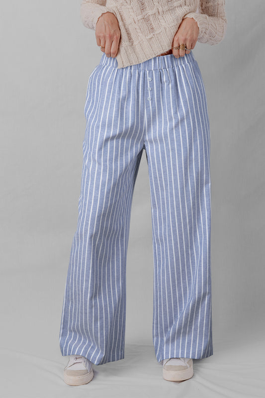 Sky Blue Stripe Buttoned Detail Loose Casual Pants Sky Blue Stripe 50%Polyester+50%Cotton