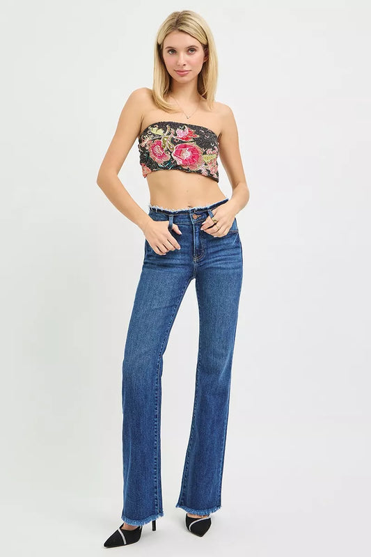 RISEN Mid Rise Bootcut Frayed Waistband Hem Detail Jeans