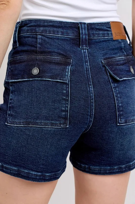 Judy Blue High Waist Back Flap Pocket Dark Wash Denim Shorts