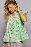 POL Tassel Tied Floral Flutter Sleeve Blouse MINT MULTI