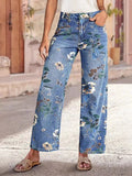 Floral Print Wide Leg Jeans Light Blue