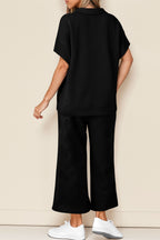 Black Stylish Textured Loose Fit T Shirt and Drawstring Pants Set