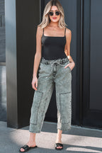 Smoke Gray Acid Wash Tie Waist Denim Pants