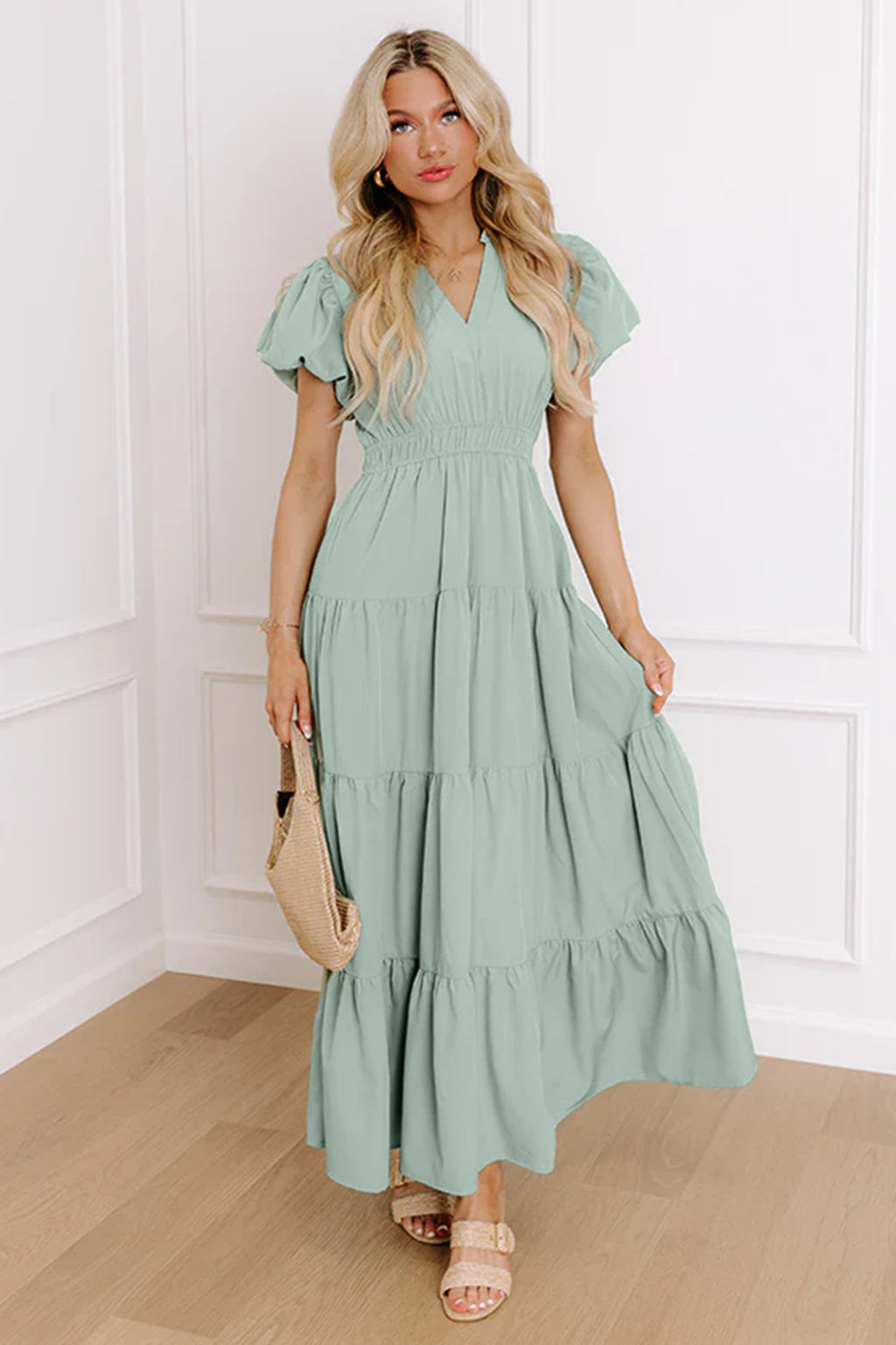 Gossamer Pink Solid Color V Neck Short Puff Sleeve High Waist Tiered Maxi Dress