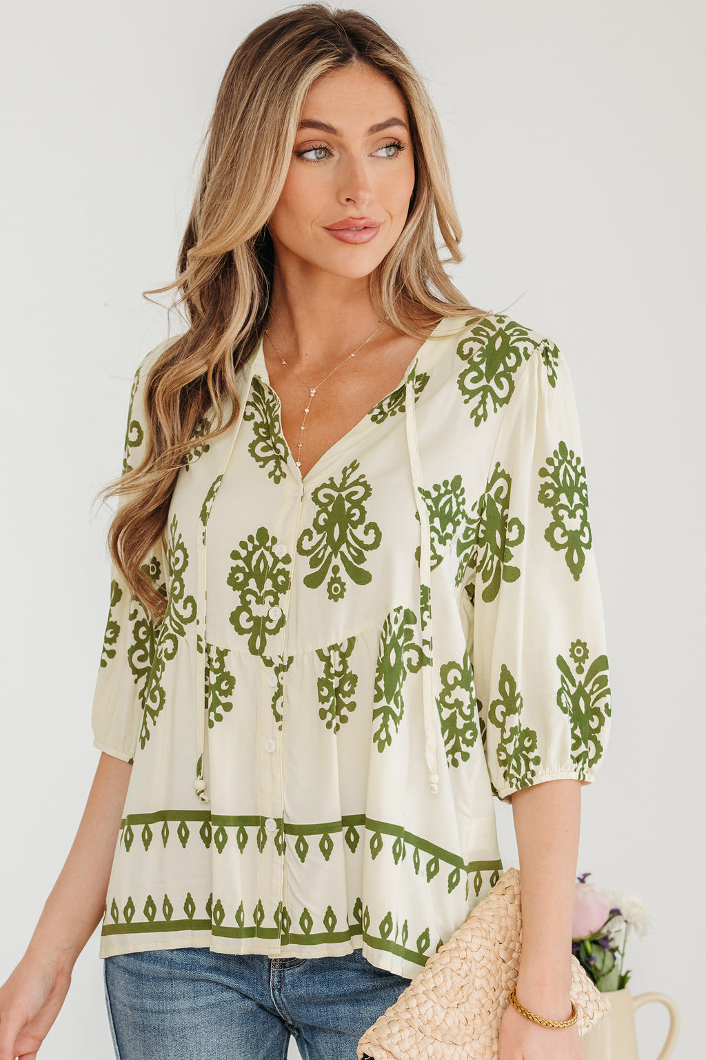 Apricot Floral Print Tie V Neck Button Down Puffy Half Sleeve Shirt