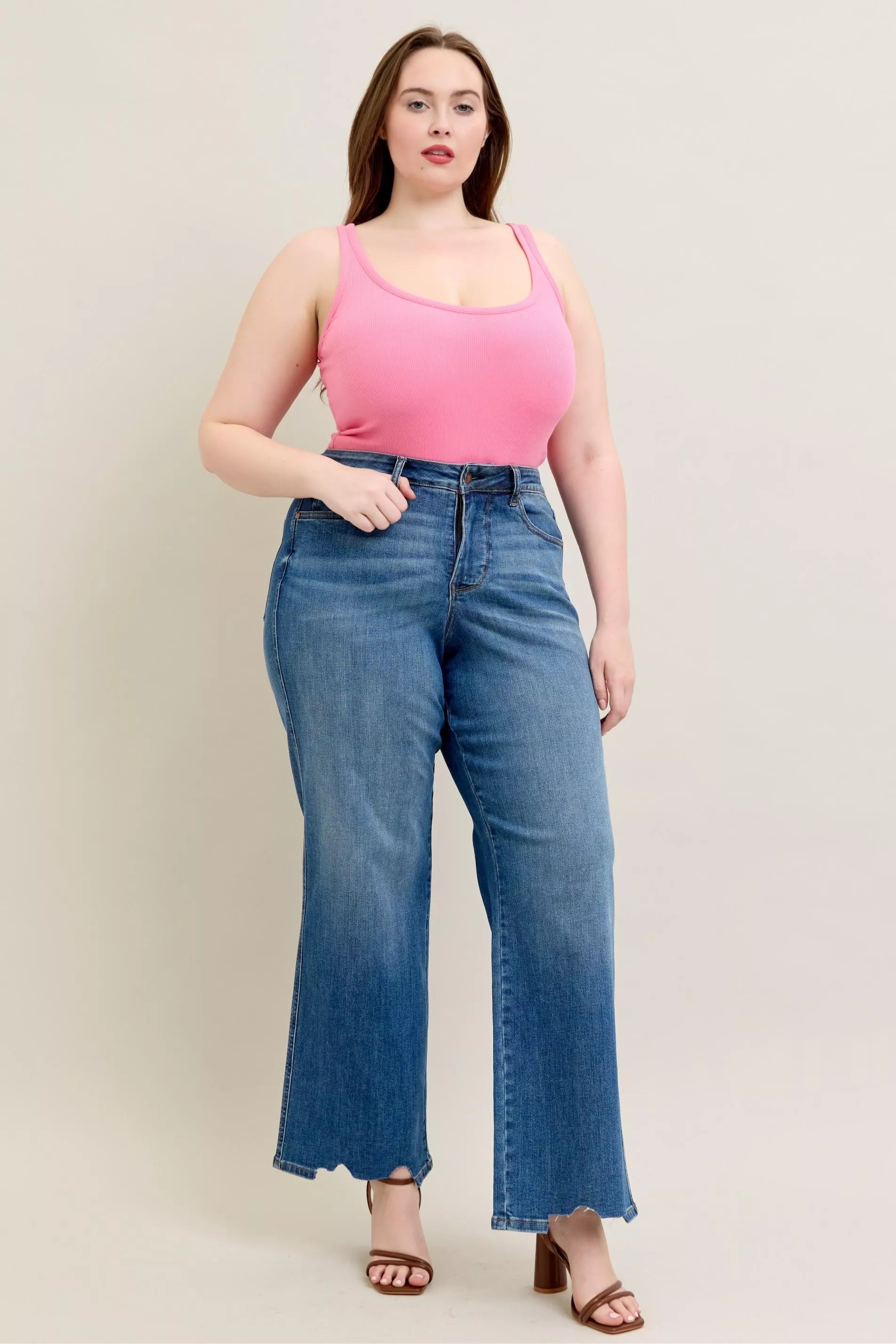 Judy Blue High Waist Tummy Control Chew Hem Destroy Wide Jeans 88932