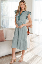 Black Stripe Double Ruffled Short Sleeve Contrast Trim V Neck Midi Dress