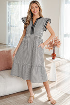 Black Stripe Double Ruffled Short Sleeve Contrast Trim V Neck Midi Dress Black Stripe 60%Polyester+35%Cotton+5%Elastane