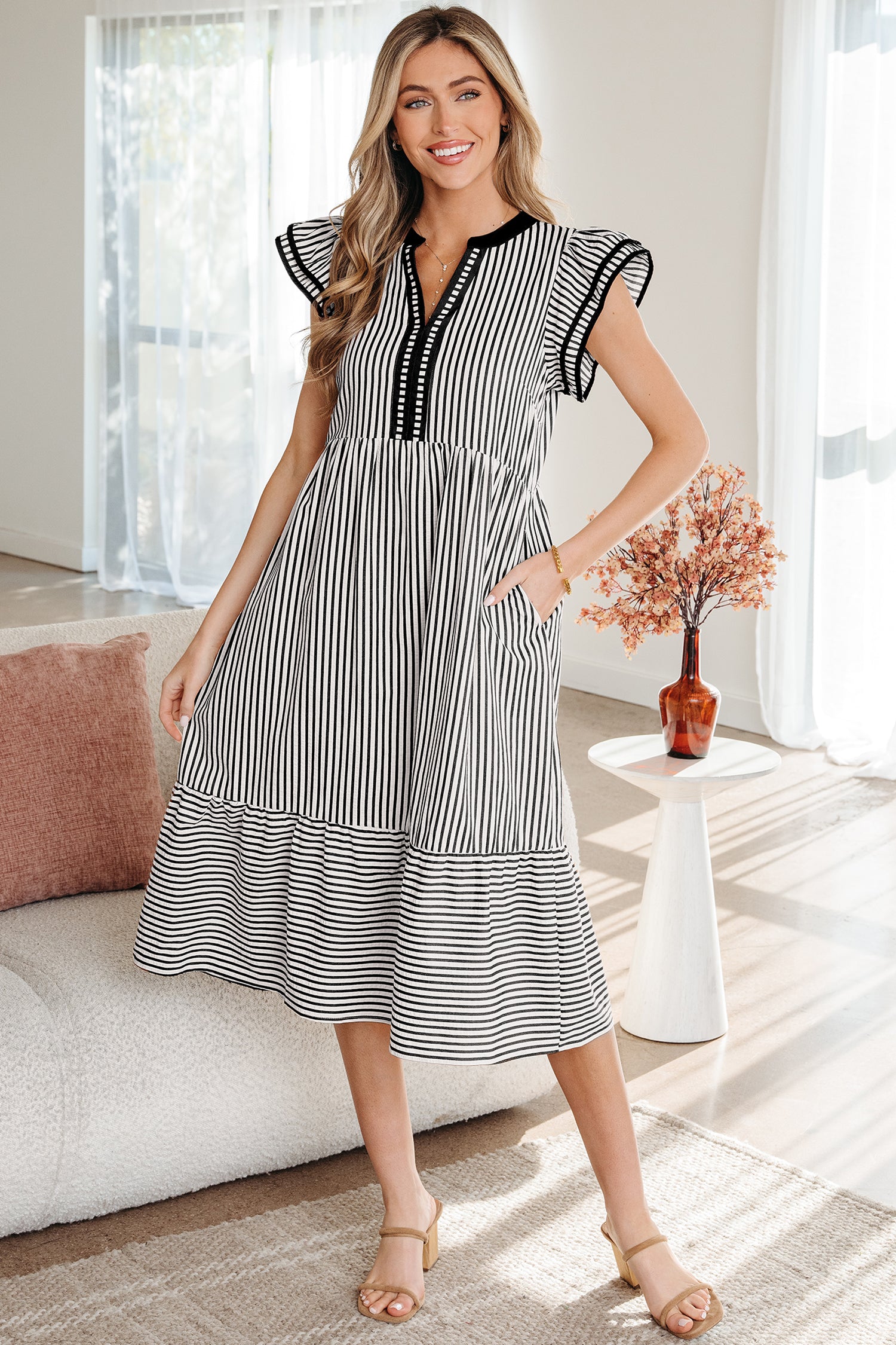Black Stripe Double Ruffled Short Sleeve Contrast Trim V Neck Midi Dress Black Stripe 60%Polyester+35%Cotton+5%Elastane