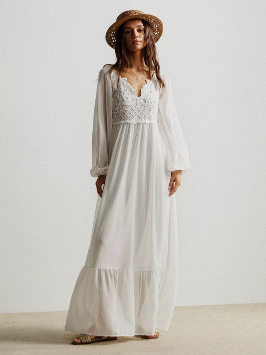 Boho Chic Crochet Lace Maxi Dress White