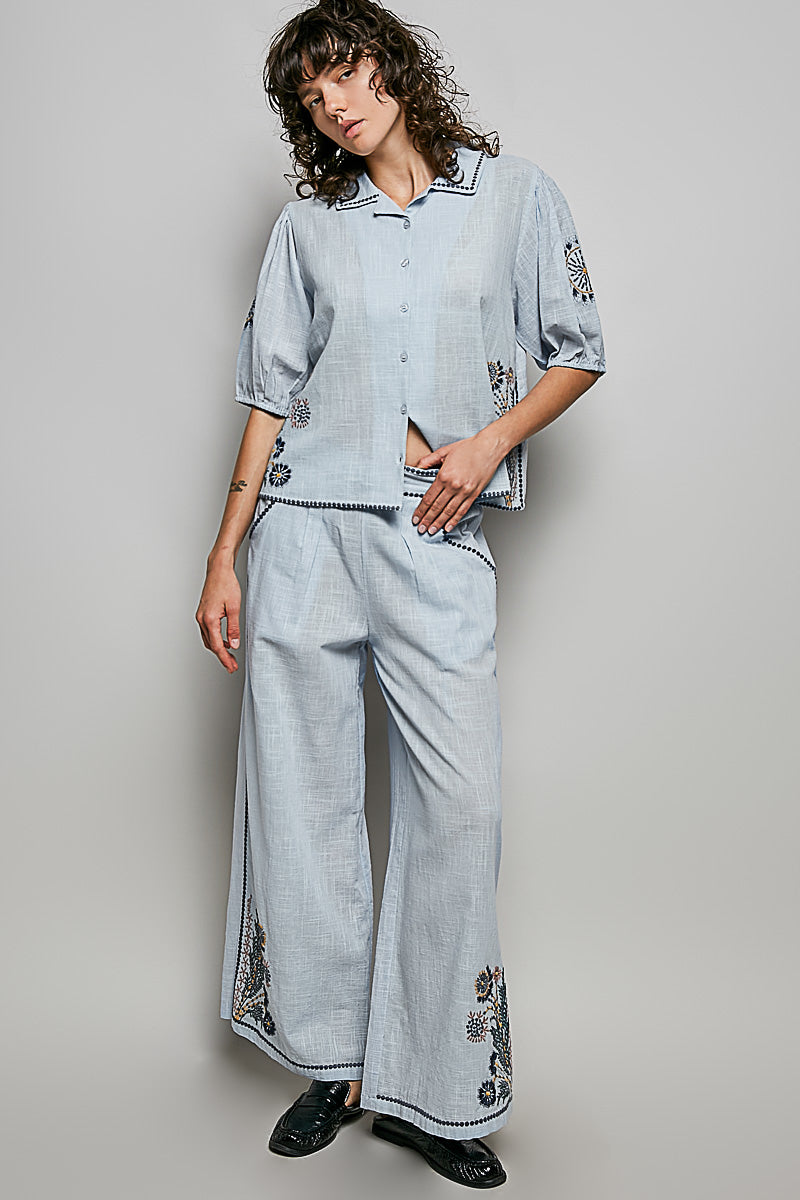 POL Button Down Embroidered Floral Short Sleeve Shirt
