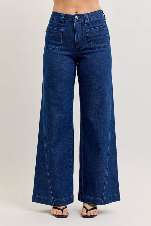 Judy Blue High-Waisted Retro Wide Jeans with Patch Pkts & Twisted Seams DK