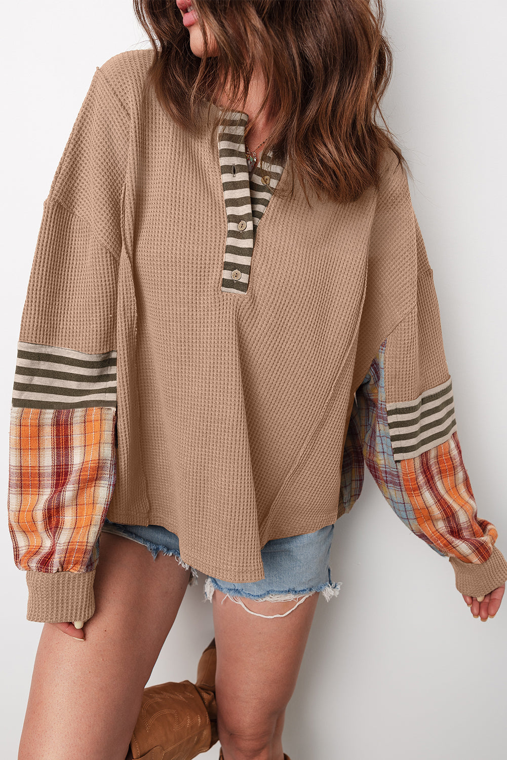 Beige Waffle Stripe Plaid Patchwork Henley Knit Top Straw Yellow 75%Polyester+25%Cotton