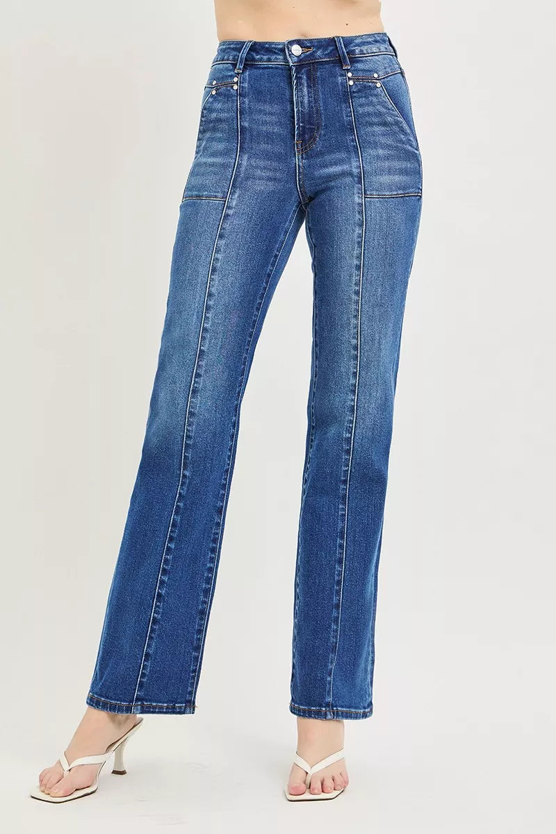 RISEN High Rise Straight Patch Pocket Seamed Jeans Dark