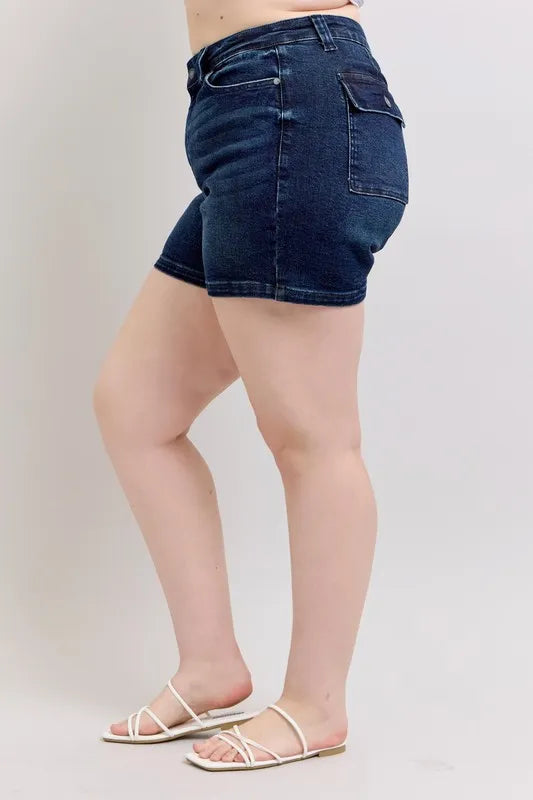 Judy Blue High Waist Back Flap Pocket Dark Wash Denim Shorts