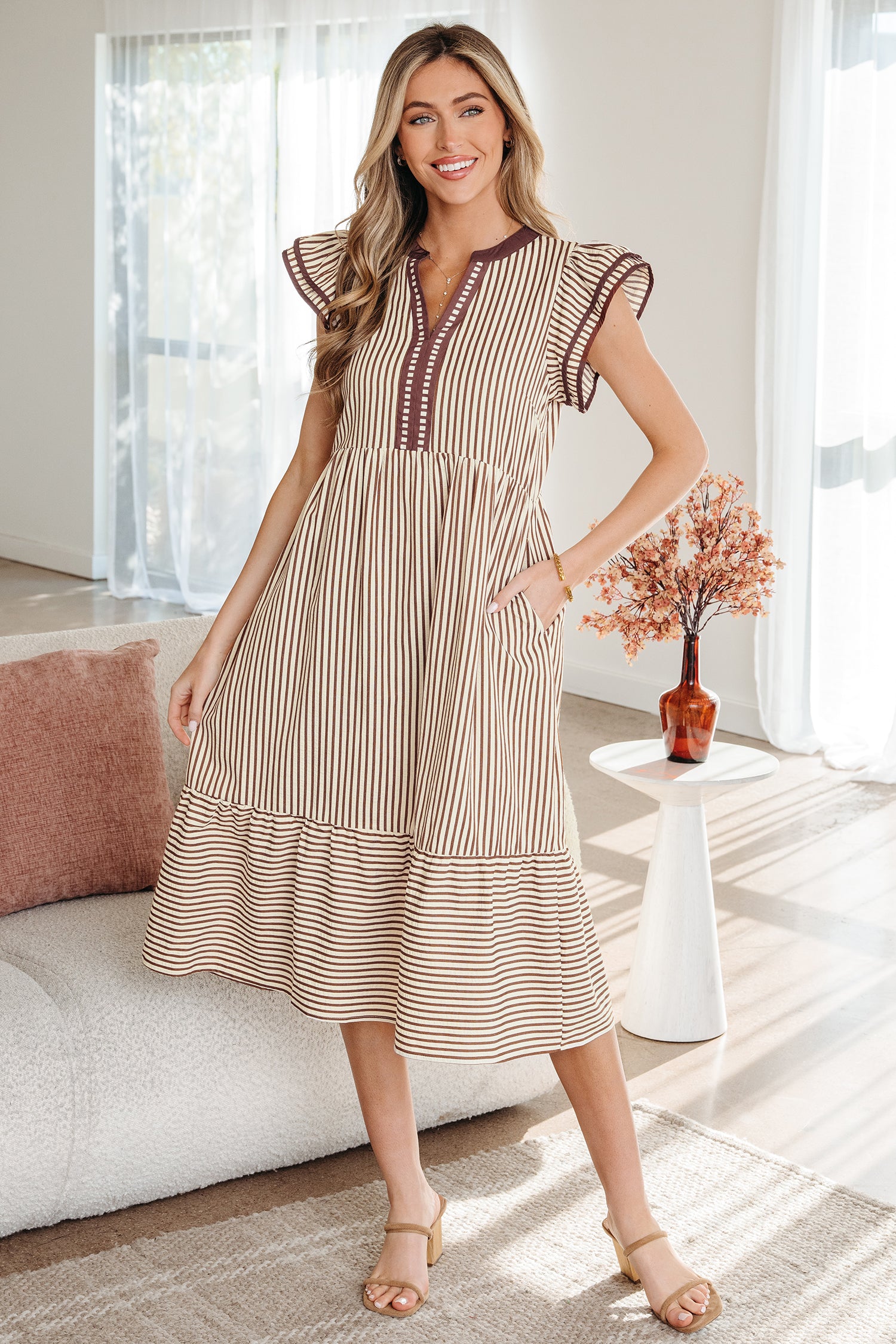 Black Stripe Double Ruffled Short Sleeve Contrast Trim V Neck Midi Dress Brown Stripe 60%Polyester+35%Cotton+5%Elastane