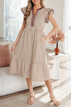 Black Stripe Double Ruffled Short Sleeve Contrast Trim V Neck Midi Dress