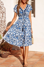 Green Abstract Print Embroidered Trim V Neck Drawstring High Waist Loose Vacation Dress
