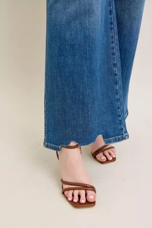 Judy Blue High Waist Tummy Control Chew Hem Destroy Wide Jeans 88932