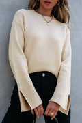 Parchment Solid Textured Knit Split Cuff Drop Shoulder Loose Sweater Parchment 50%Viscose+28%Polyester+22%Polyamide
