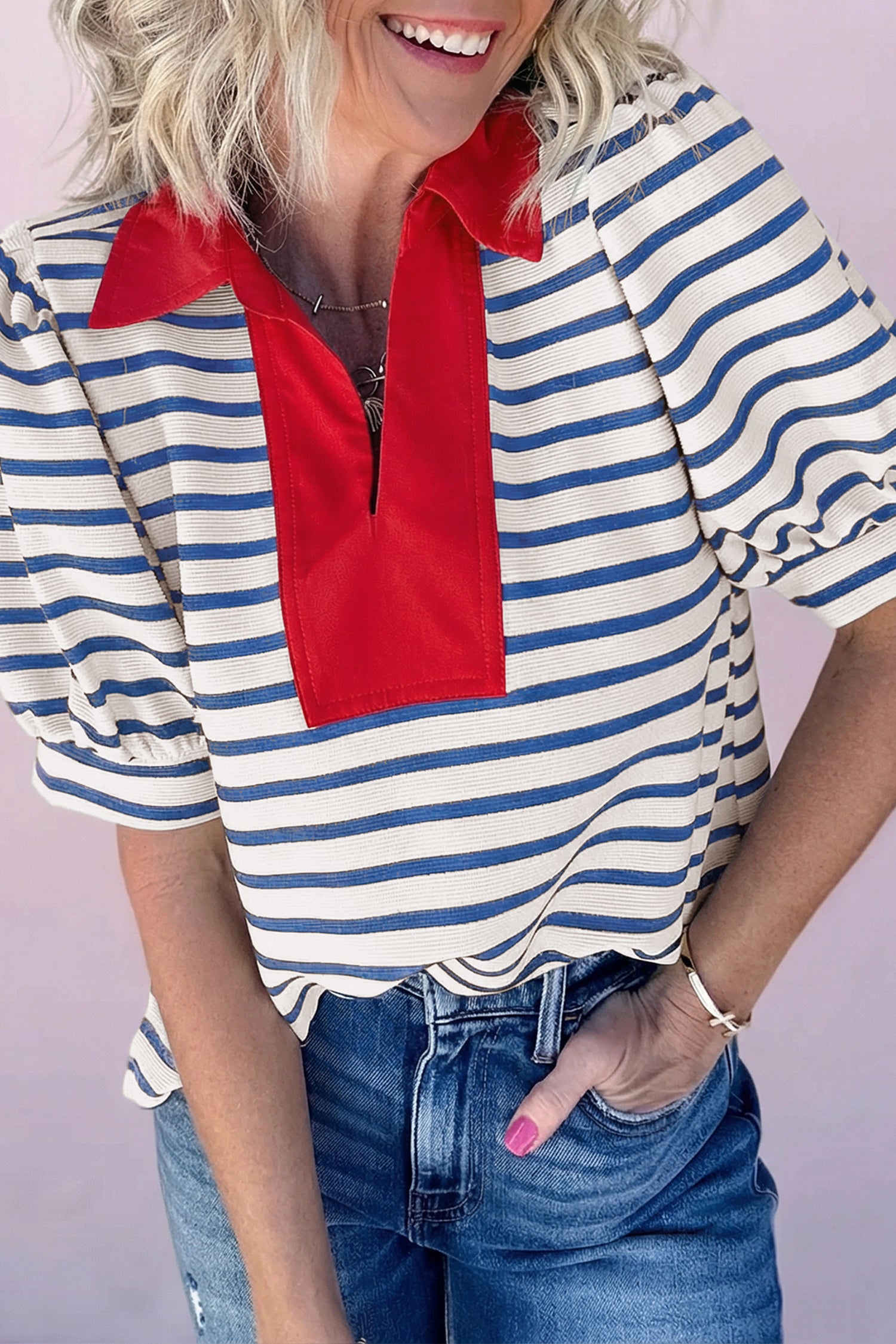 Black Stripe Short Puff Sleeve Color Block Polo Collar Blouse Blue Stripe 55%Regenerated Polyester+40%Cotton+5%Elastane