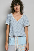POL Floral V-Neck Short Sleeve Rib T-Shirt BABY BLUE