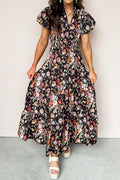 Black Floral Print V Neck Pleated Tiered Maxi Dress Black 55%Cotton+45%Viscose