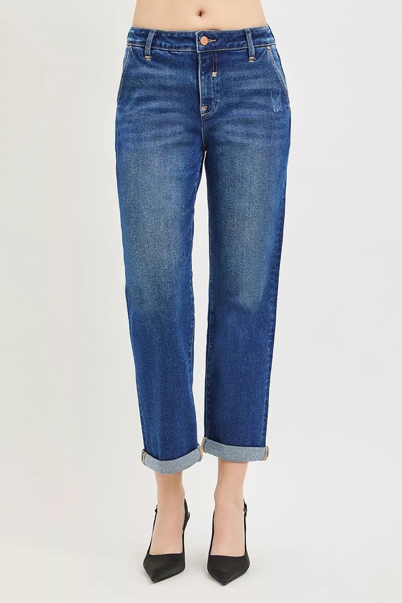 RISEN Slouchy Cropped Boyfriend Jeans with Cuffed Hem DARK