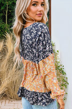 Orange Floral Color Block Patchwork Ruffled Hem Round Neck Blouse