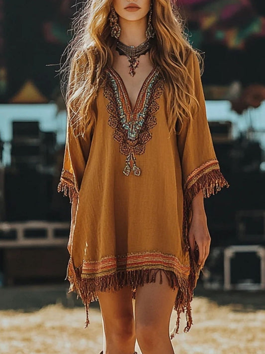 Fringe Hem 3/4 Sleeve Mini Dress Ochre