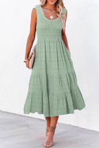 Apricot Shirred Pleated Square Neck Sleeveless Midi Dress Green 95%Polyester+5%Elastane