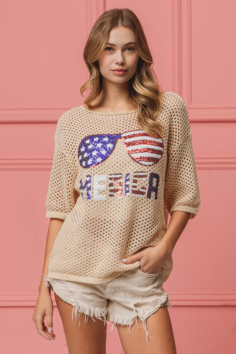 BiBi Sequin American Flag Sunglasses Knit Cover Up