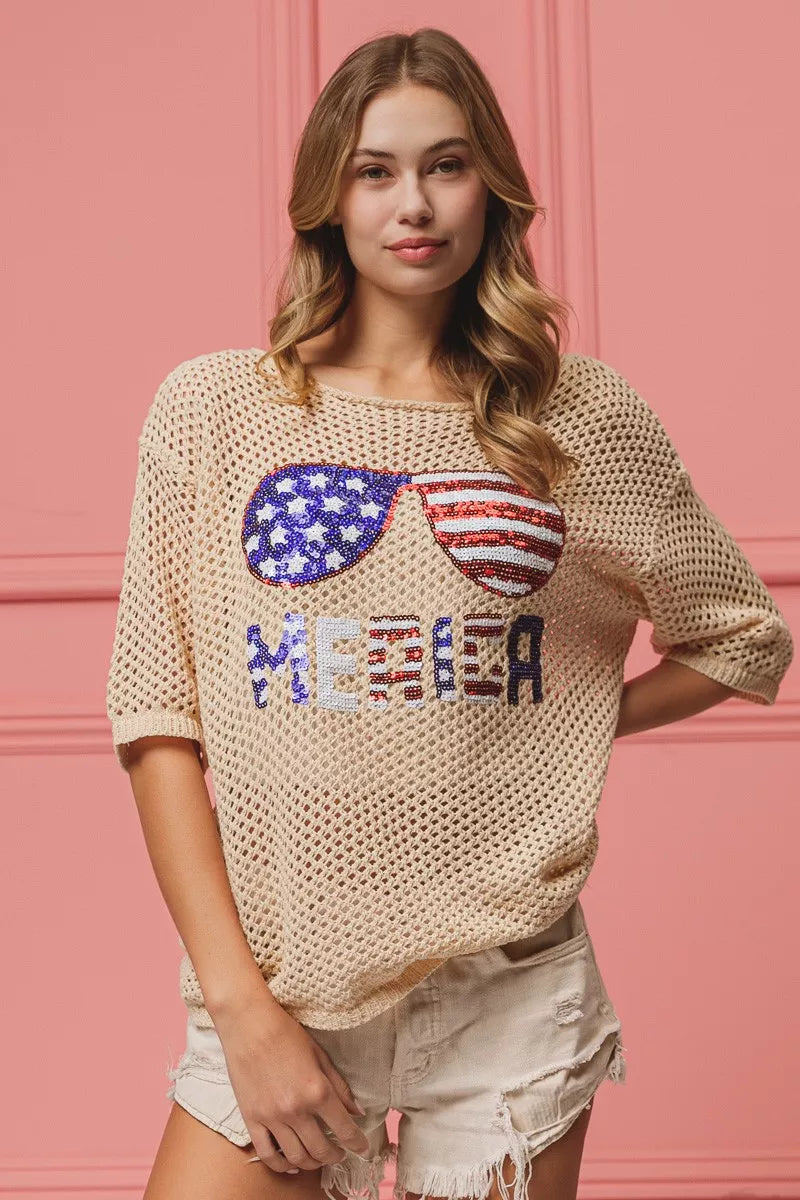 BiBi Sequin American Flag Sunglasses Knit Cover Up