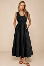 Apricot Shirred Pleated Square Neck Sleeveless Midi Dress