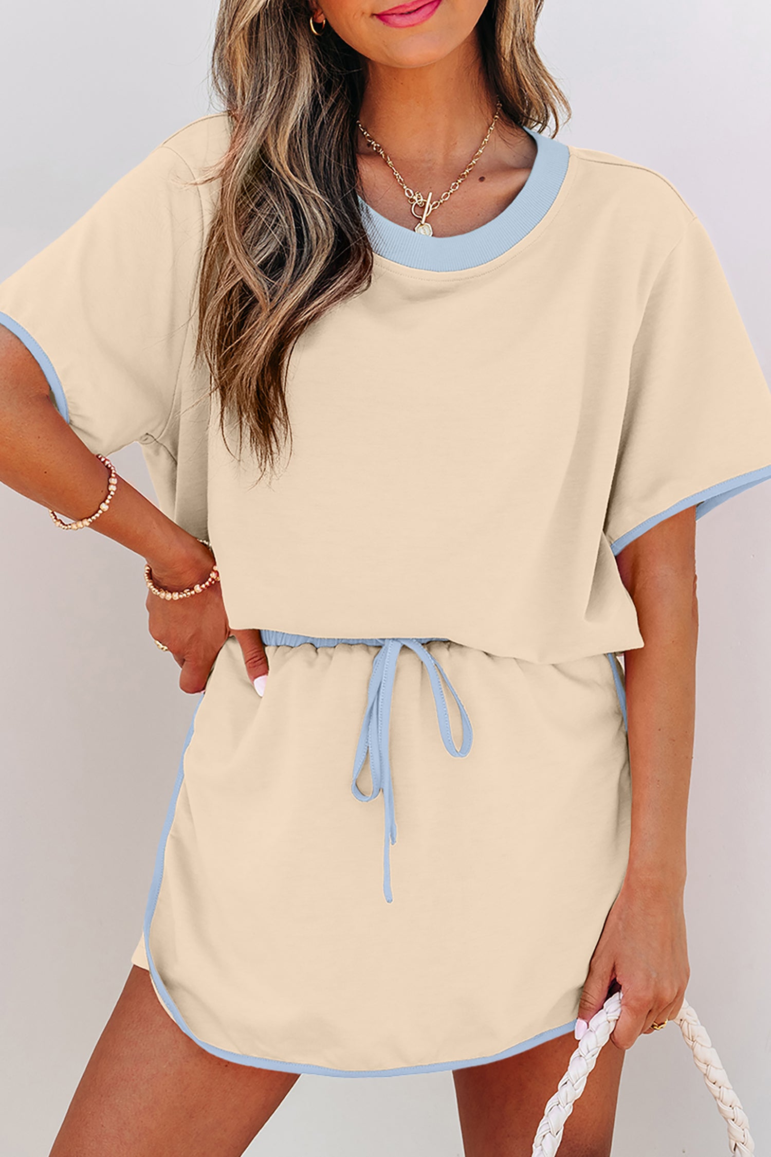 Turquoise Colorblock Edge Drop Shoulder T Shirt and Skort 2Pcs Set Apricot 75%Polyester+20%Cotton+5%Elastane