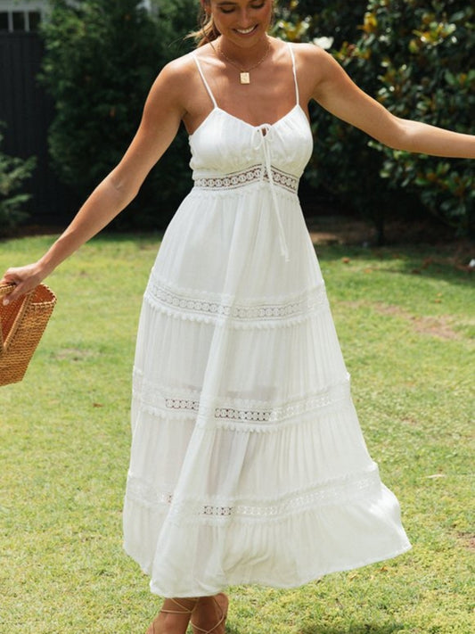 Lace Trimmed Tiered Midi Cami Dress White