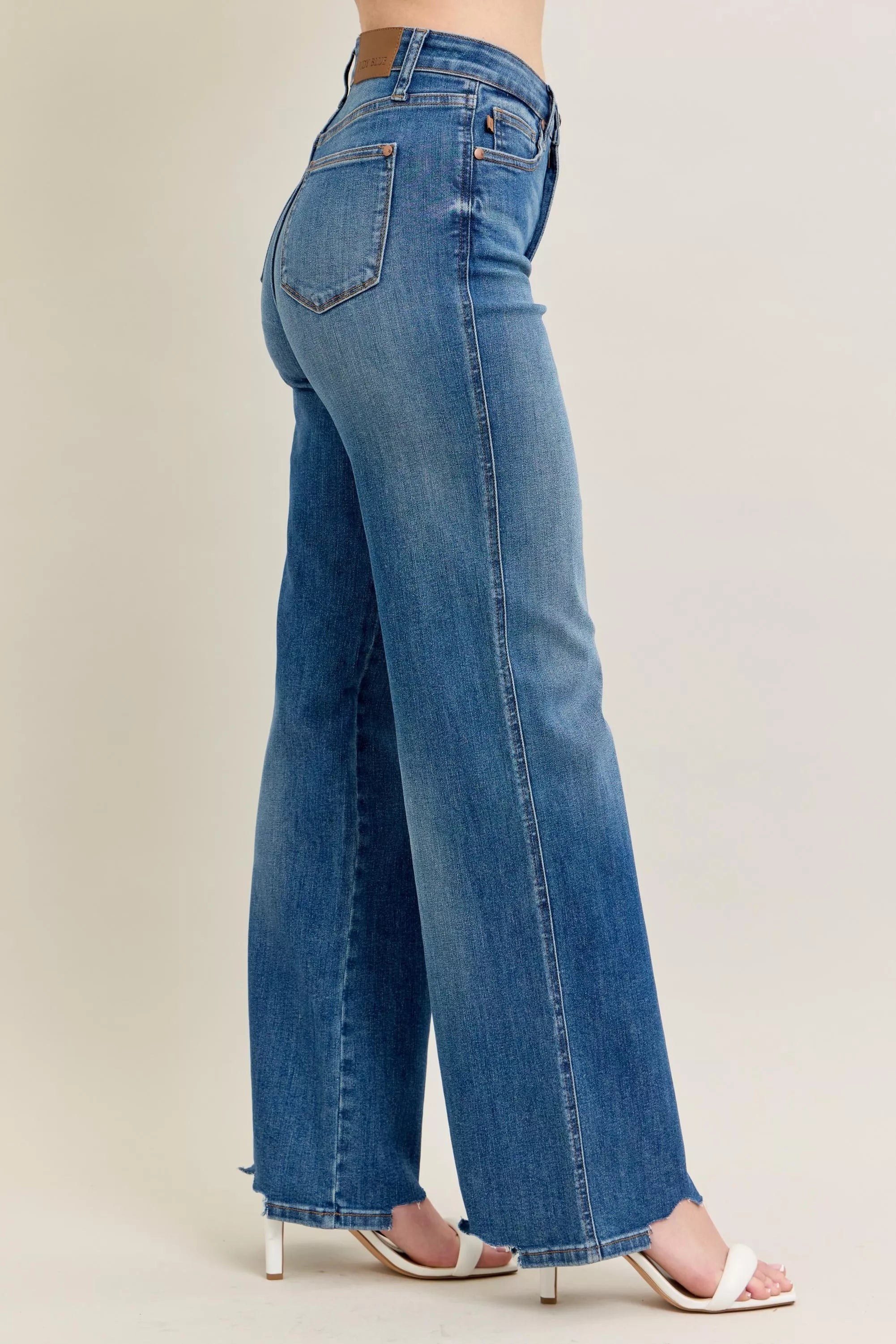 Judy Blue High Waist Tummy Control Chew Hem Destroy Wide Jeans 88932