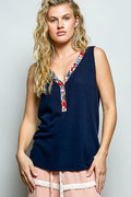 POL Ribbed V-Neck Tank with Contrast Floral Neckband NAVY