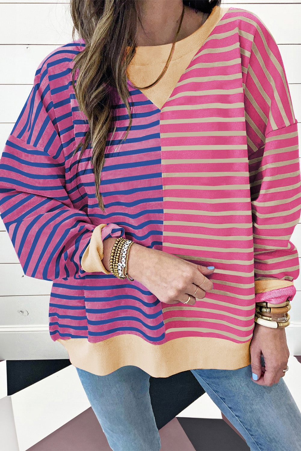 Brown Stripe Casual Stripe Colorblock Drop Shoulder Oversize Sweatshirt Pink Stripe 95%Cotton+5%Elastane