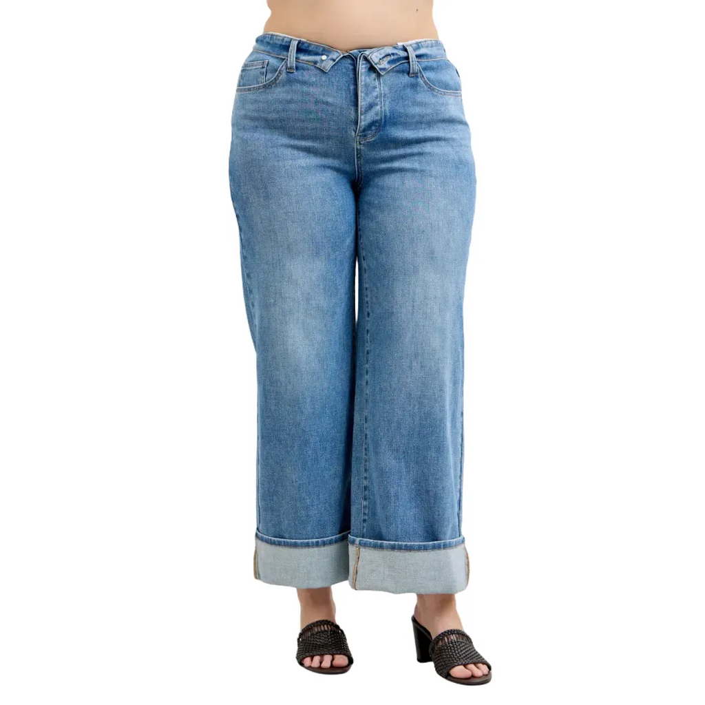 Judy Blue Mid Rise Fold Over Waistband Straight Denim Jeans 881100