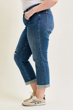 Judy Blue Mid Rise Embroidered Repair Patch Boyfriend Denim Jeans 881071