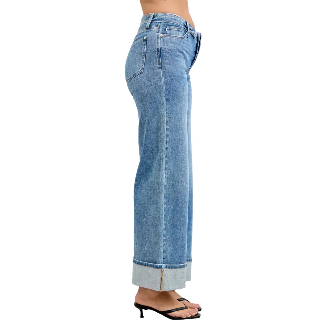 Judy Blue Mid Rise Fold Over Waistband Straight Denim Jeans 881100