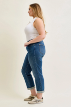 Judy Blue Mid Rise Embroidered Repair Patch Boyfriend Denim Jeans 881071