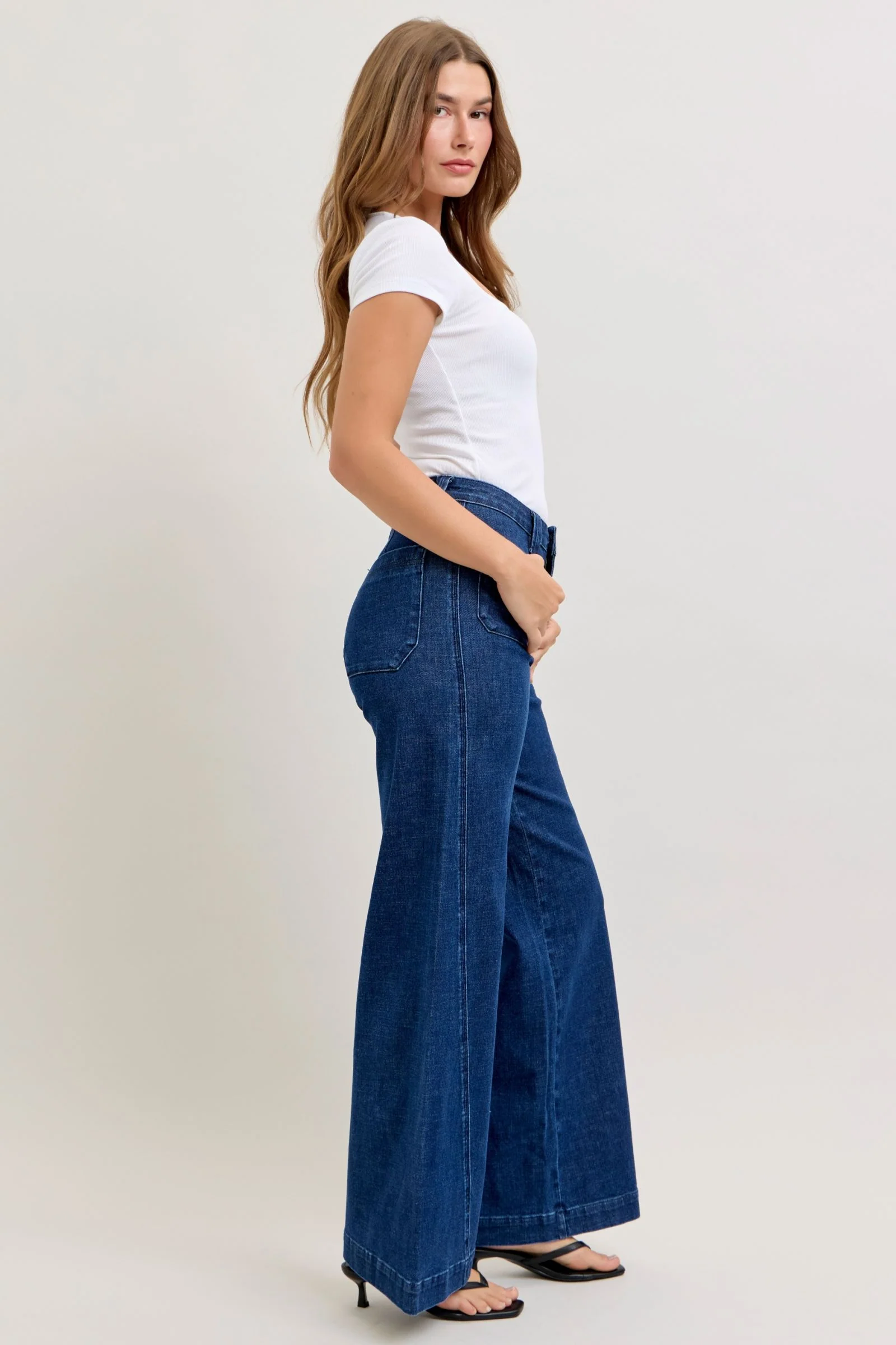 Judy Blue High Waist Patch Pockets & Twisted Seam Retro Wide Leg Denim Jeans 881092